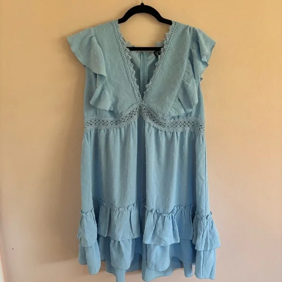 SHEIN Curve Plus Size 3X Baby Blue Ruffle Swiss Dot Flutter Sleeve Dress. - Picture 2 of 9